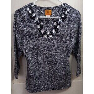Ruby Road Womens Black White Beaded Neck Black Trim 3/4 Sleeve Top Blouse Small